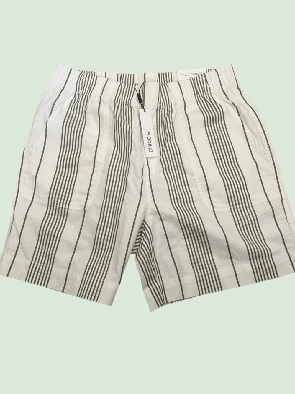 Chico's Barley Green and Cream Vertical Stripe Pull-On Shorts